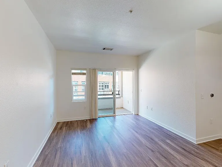 Apartment living room with wood-style flooring.
