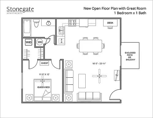 Floor plan 1 Bed 1 Bath New Open Floor Plan