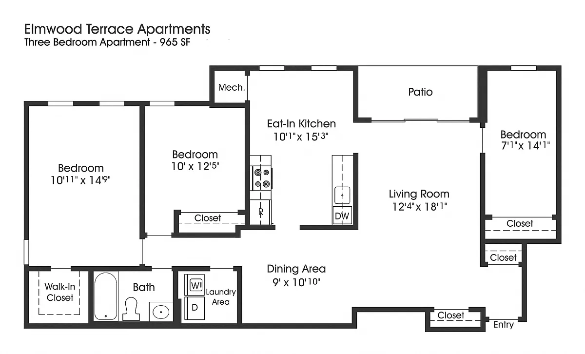 Floor plan 3BR 1BA (965sf)