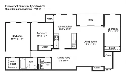 Floor plan 3BR 1BA (965sf)