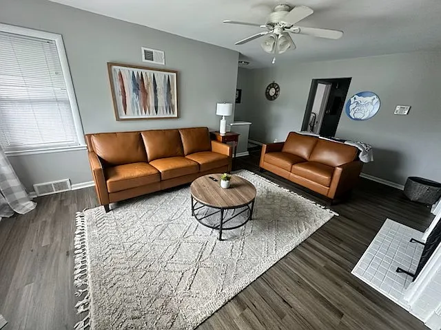 living room with brand new flooring
