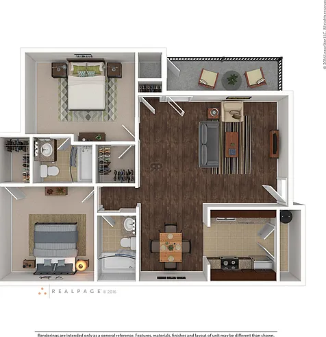 Two bedroom apartment with spacious walk-in closets and kitchen island