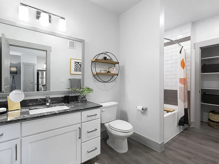 Spacious en-suite master bath with custom-framed mirror and designer lighting.