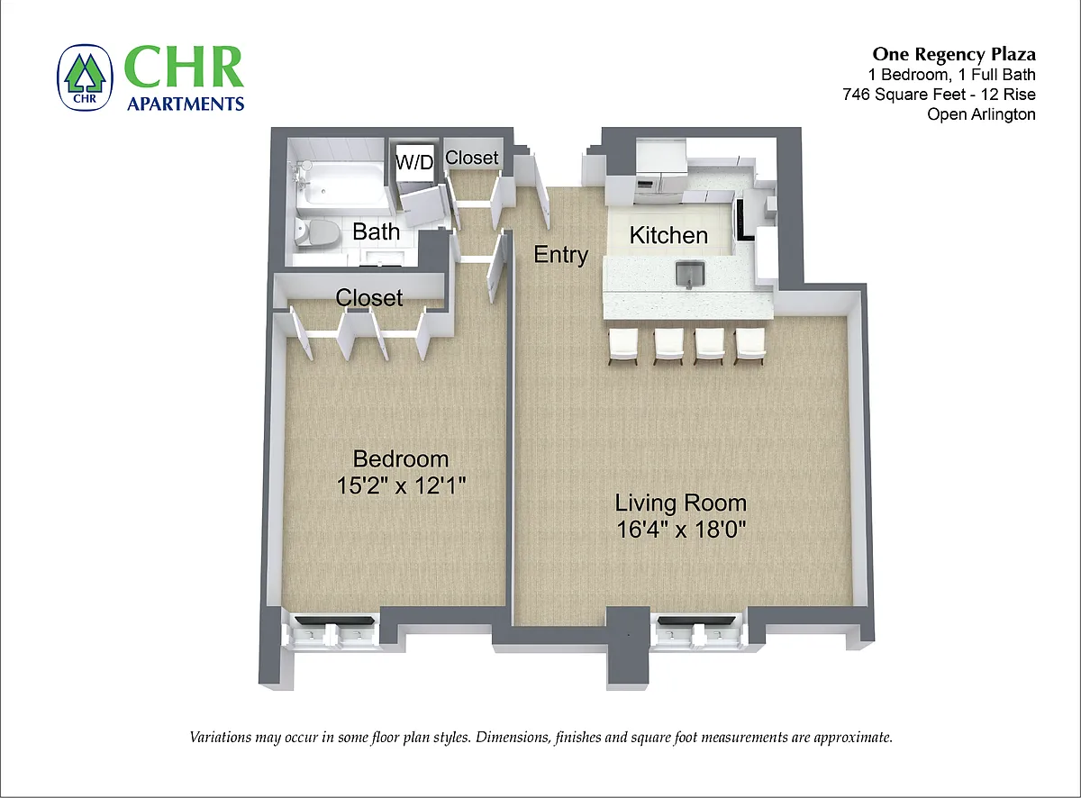 Floor plan 1 Bed/1 Bath with Open Kitchen