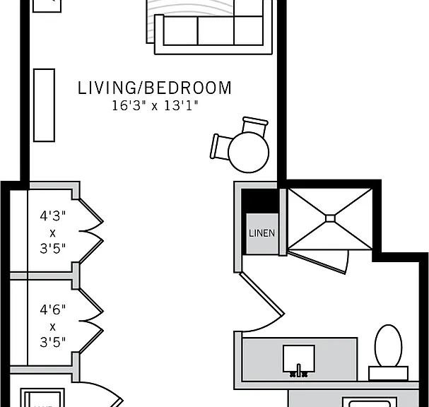 Studio apartment with combination living/bedroom area and 584 sq ft
