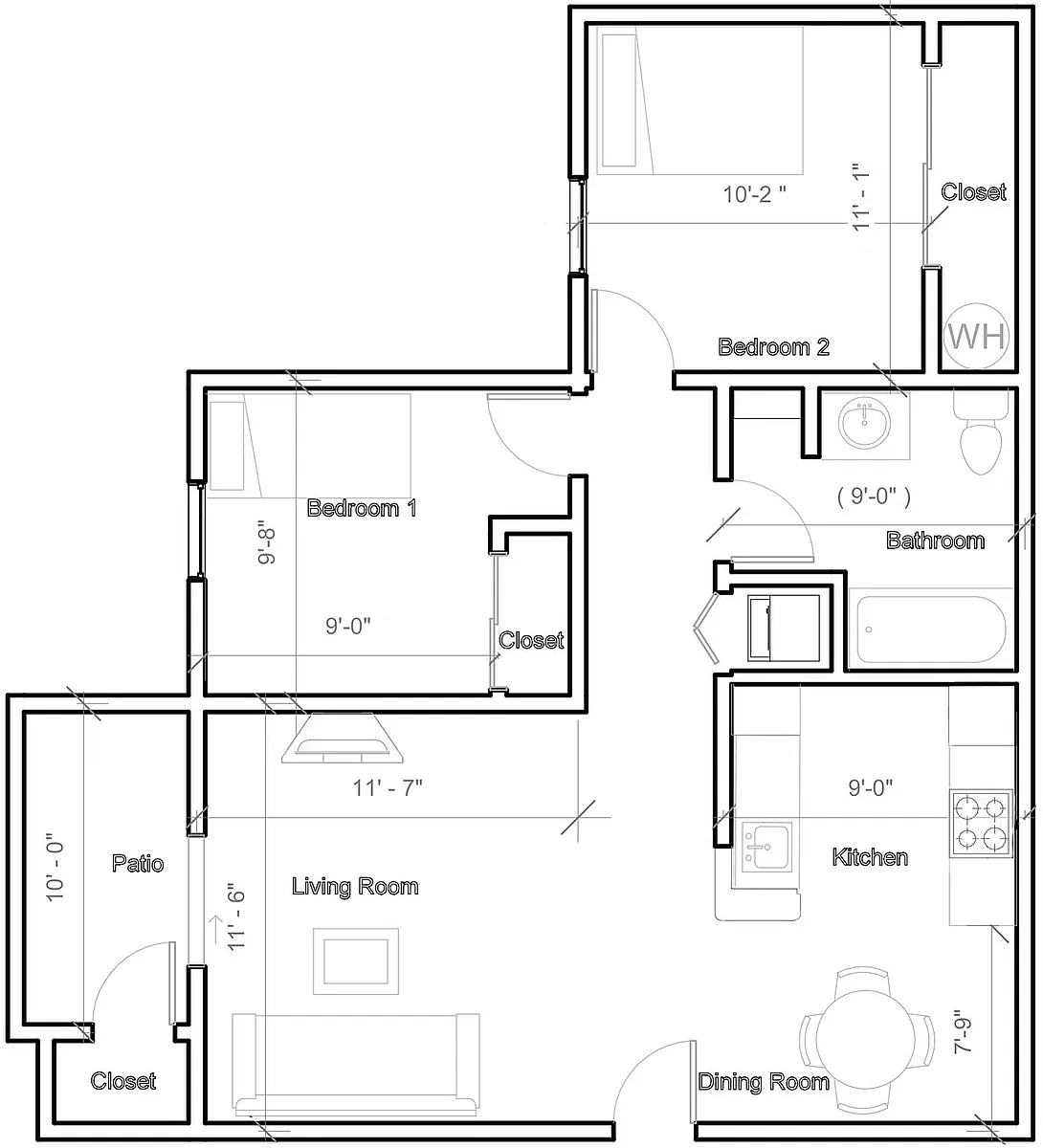 Floor plan 2 Bedroom with washer dryer