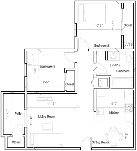 Floor plan 2 Bedroom with washer dryer