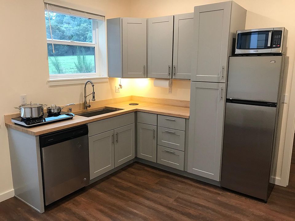 Kitchen with butcher block counter, farm sink and stainless steel appliances. 2-burner induction cooktop.
