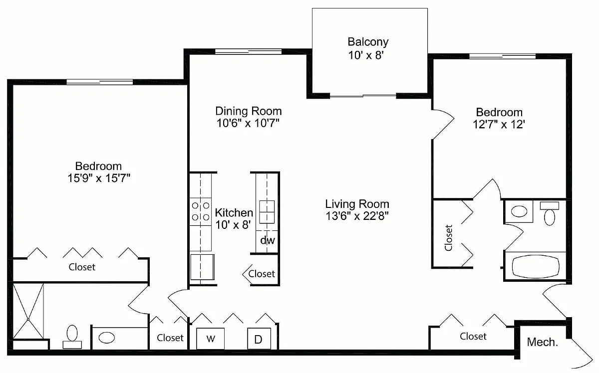 Floor plan 2 Bedroom 2 Bath Deluxe