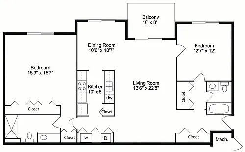 Floor plan 2 Bedroom 2 Bath Deluxe