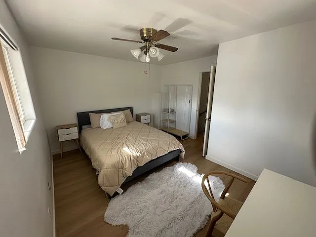 Bright, spacious bedroom with large windows, ceiling fan, and ample natural light