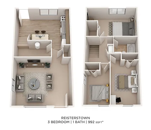 Floor plan Three Bedroom Townhouse - 992 sqft