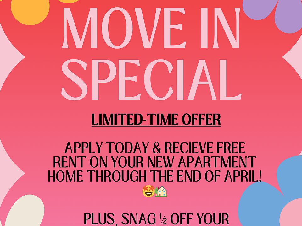 Spring into savings with our exclusive move-in special! Enjoy a fresh start in one of our select apartment homes and get HALF OFF your application and administrative fee! But that's not all, you'll also receive FREE RENT through the end of April!