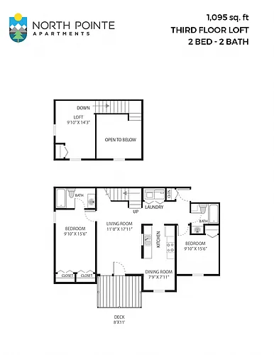 Floor plan 2 Bed, 2 Bath - 1,095 sq ft