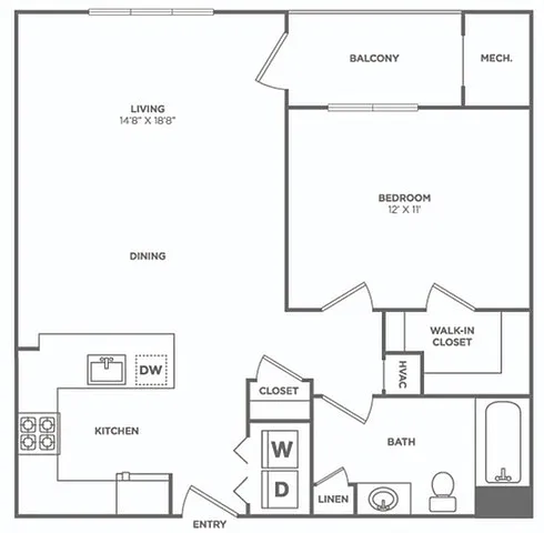 Floor plan One Bedroom One Bath (736 SF)