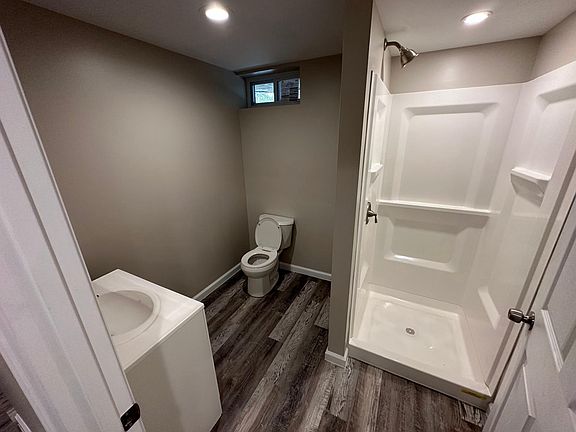 Lower-level bathroom with shower stall.