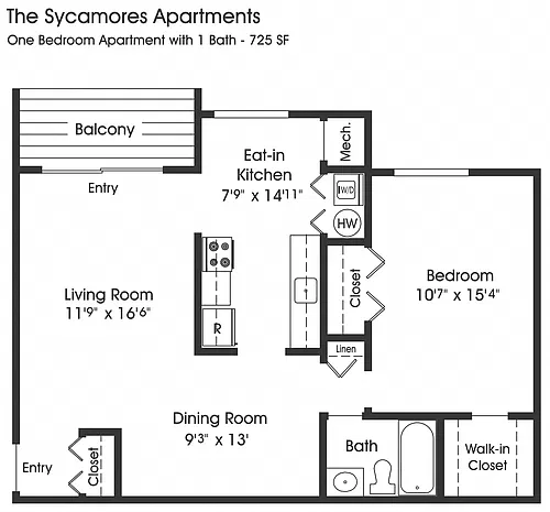 Floor plan 1BR 1BA (725sf)