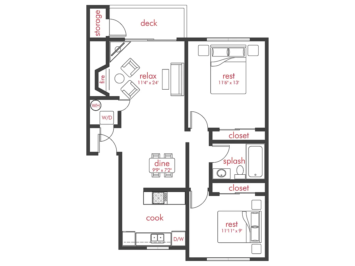 Floor plan 2 Bed, 1 Bath A