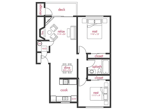 Floor plan 2 Bed, 1 Bath A