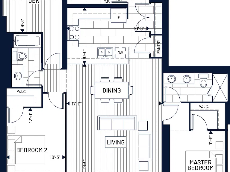 2 Bed + Den
Balcony: 165 sq. ft.