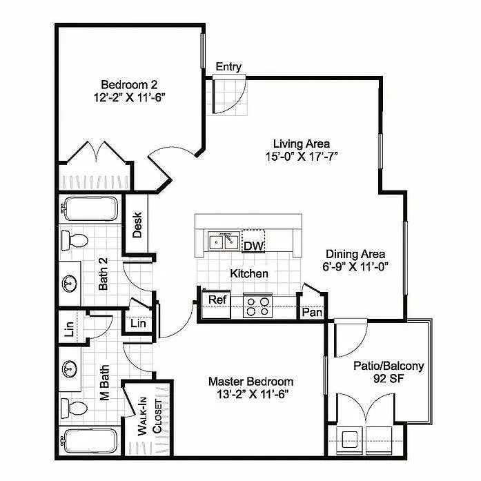 Floor plan 2 Bed | 2 Bath | 954 SQFT