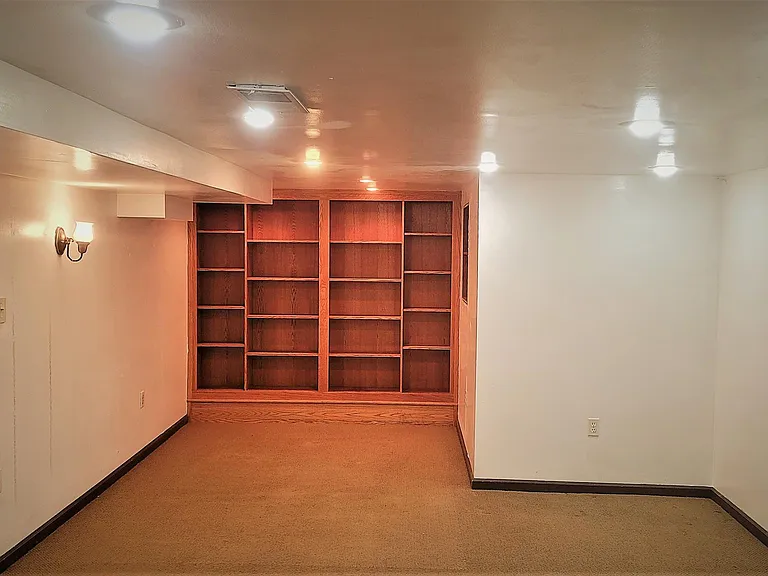 Large TV room with fireplace in basement