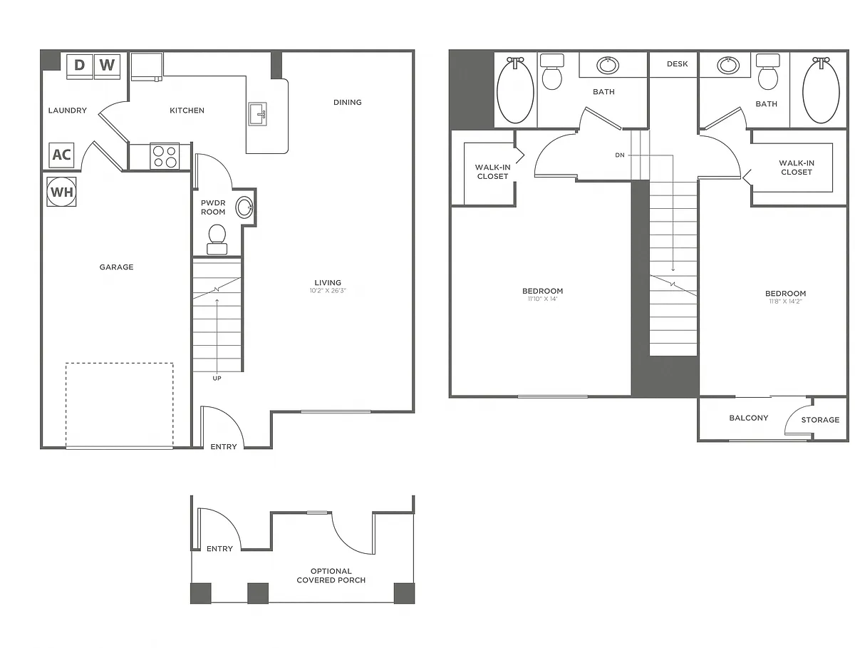 Floor plan Two Bedroom Two and a Half Bath (1328 SF)
