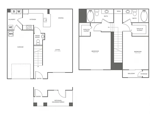Floor plan Two Bedroom Two and a Half Bath (1328 SF)