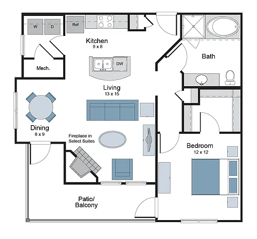 Floor plan 1BR 1BA (808 SF)