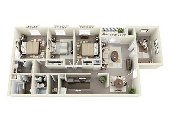 Floor plan Three Bedroom Two Bath