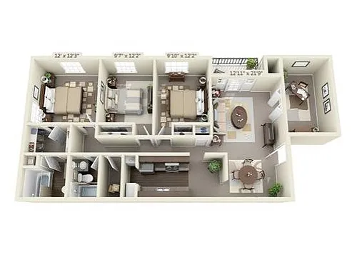 Floor plan Three Bedroom Two Bath