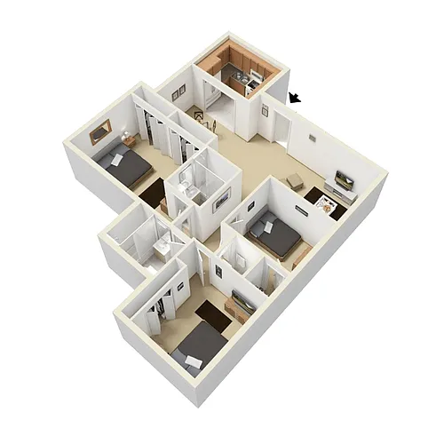 Floor plan Three Bedroom Two Bath - 1000 Sq Ft