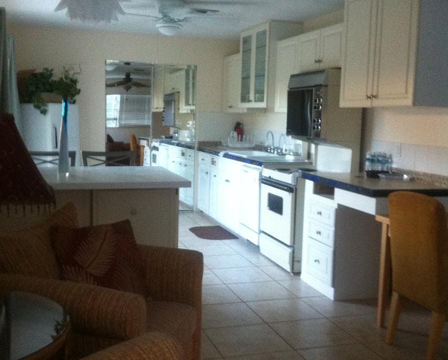 spacious kitchen and living area