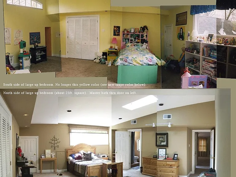 Upstairs Master Bedroom 22x24 ft. This Bedroom is no longer painted yellow. Lower Photo shows current color of Bedroom. Master bath can be seen through door on the left.