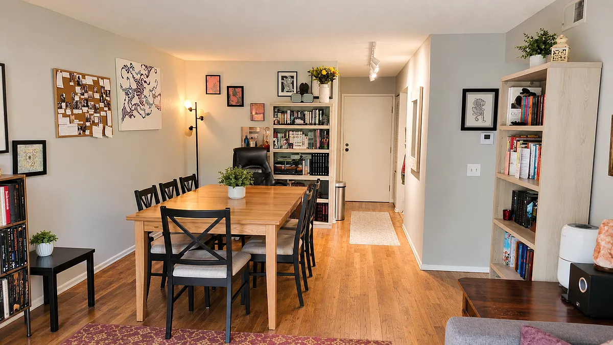 Dining room with track lighting and hardwood floors. - 3250 Oneal Cir #H27