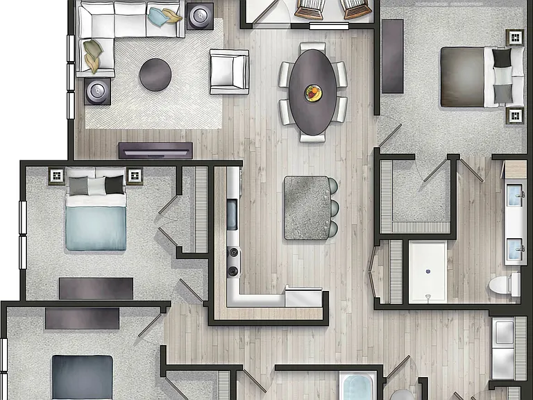 Explore this inviting modern three-bedroom apartment with an open-concept living area. Explore this inviting modern three-bedroom apartment with an open-concept living area.