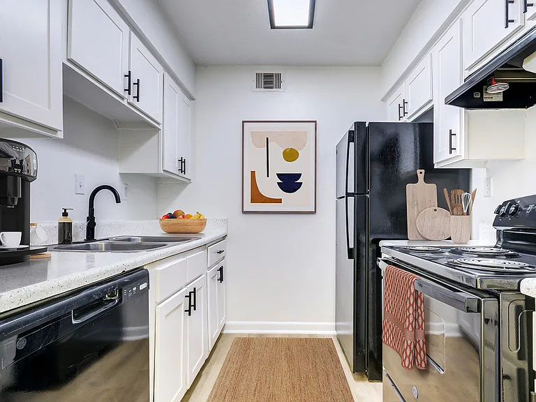 A contemporary kitchen with black appliances and black finishes is shown.