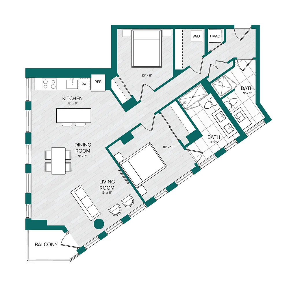 Floor plan 1 Bed 2 Bath Den-D7