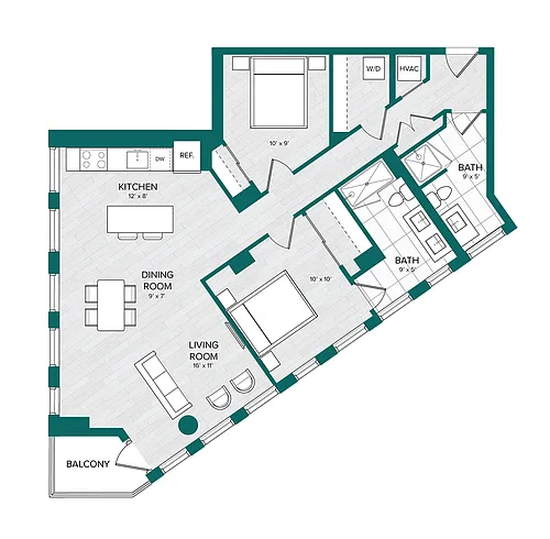 Floor plan 1 Bed 2 Bath Den-D7