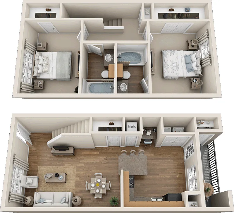 Floor plan Two Bedroom Two Bathroom B3 Townhome 60%