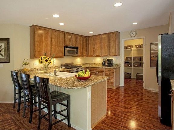 Kitchen features granite counters, SS appliances, breakfast bar, ample cabinet space and huge walk in pantry with access to garage.