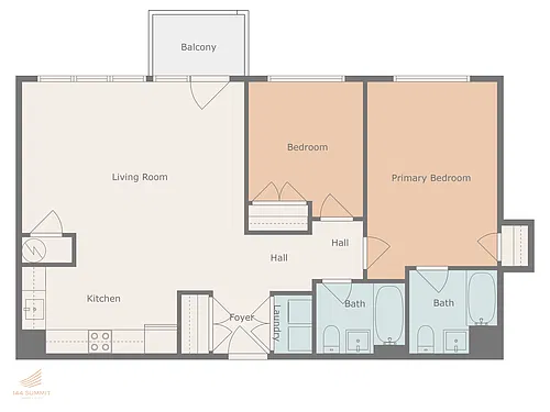 Floor plan Two Bed Two Bath with Balcony - 06 - 9th Fl