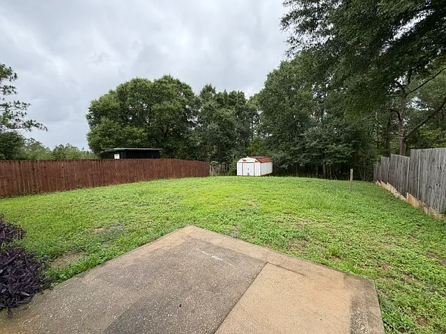 Backyard with patio and detached storage shed