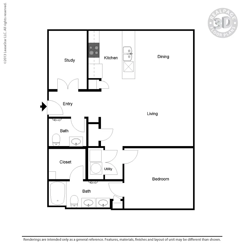 Floor plan A8 1 bedroom, 2 bath, study