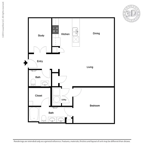 Floor plan A8 1 bedroom, 2 bath, study