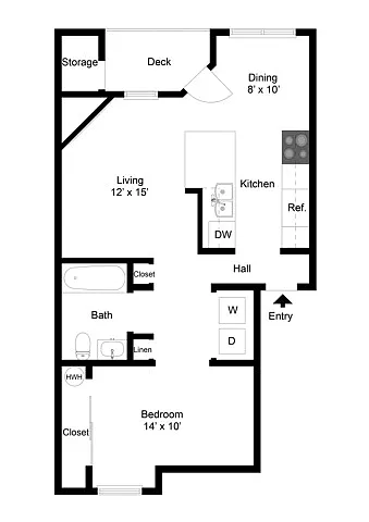 Floor plan One Bedroom One Bath (729 SF)