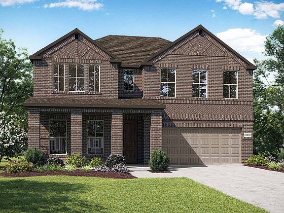 Elevation D is a two story full brick home design with a large front porch featuring brick wrapped c