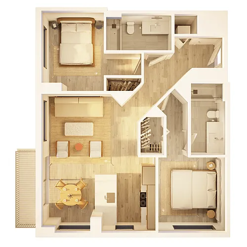 Floor plan West 2 BR Corner Balcony Sunset
