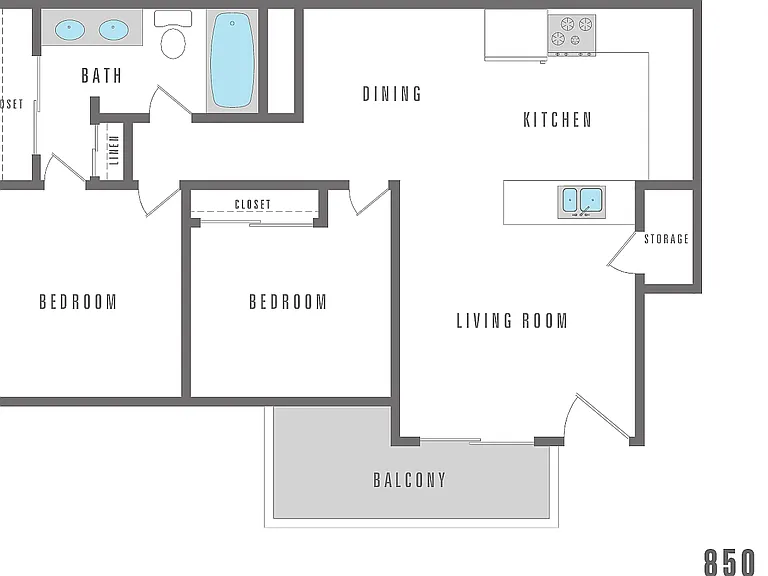 2 Bedroom 1 Bath - 850 SF 2 Bedroom 1 Bath - 850 SF