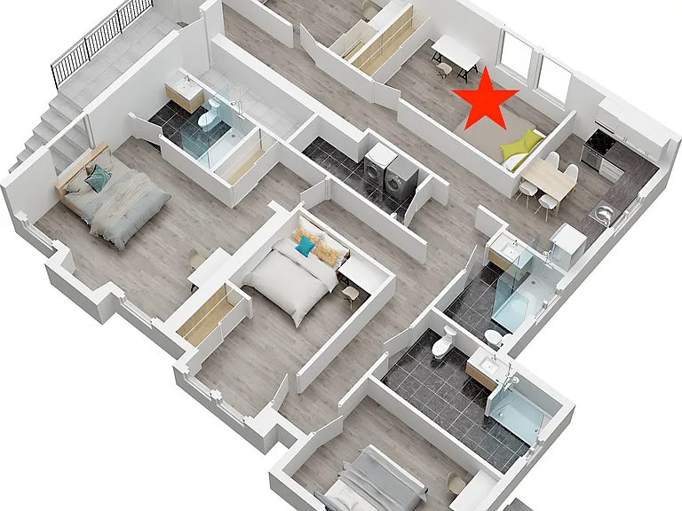 Location of Room 2 in relation to whole unit (lower unit of a 2 story duplex).